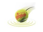 A green tennis ball with red lettering, creating ripples on a white surface.