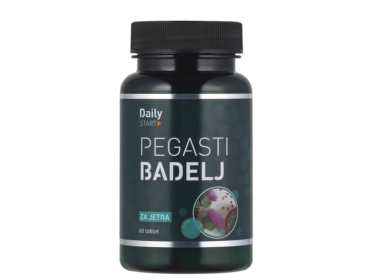 Steklenička prehranskega dopolnila z napisom »PEGASTI BADELJ ZA JETRA«, 60 tablet.