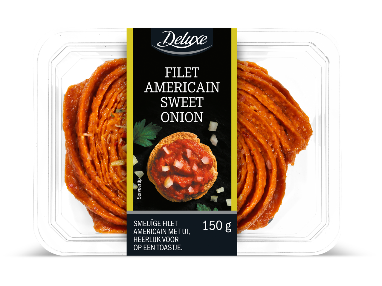 Deluxe Filet Americain Sweet Onion, 150g, in een doorzichtige plastic verpakking.