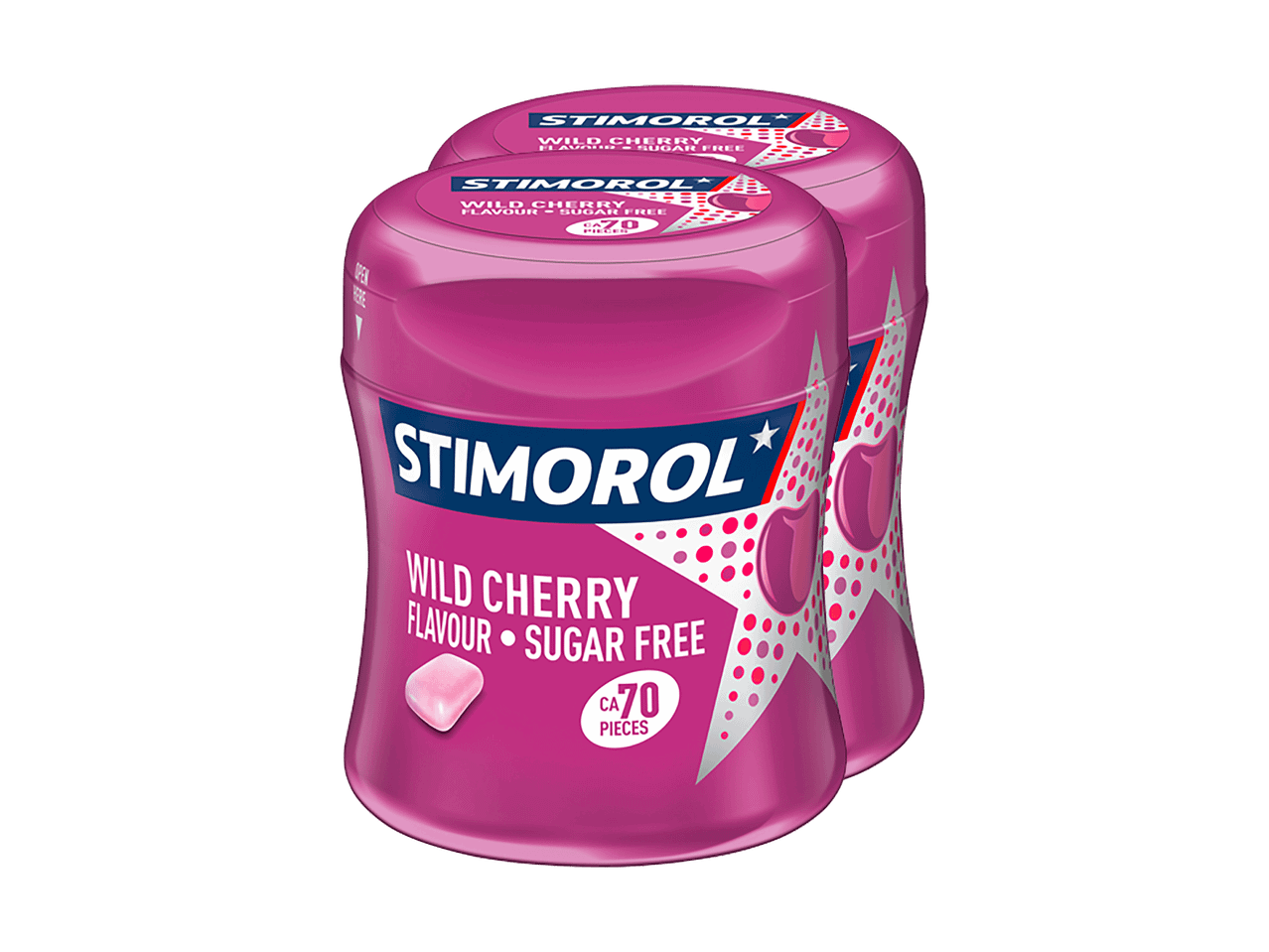 Zwei Behälter mit Stimorol Wild Cherry zuckerfreiem Kaugummi.