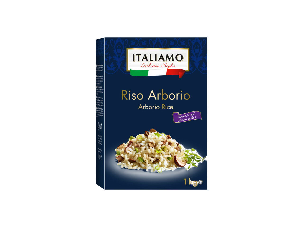 Pakovanje arborio pirinča za rižoto, sa natpisom „Italian Style“ i „1 kge“.