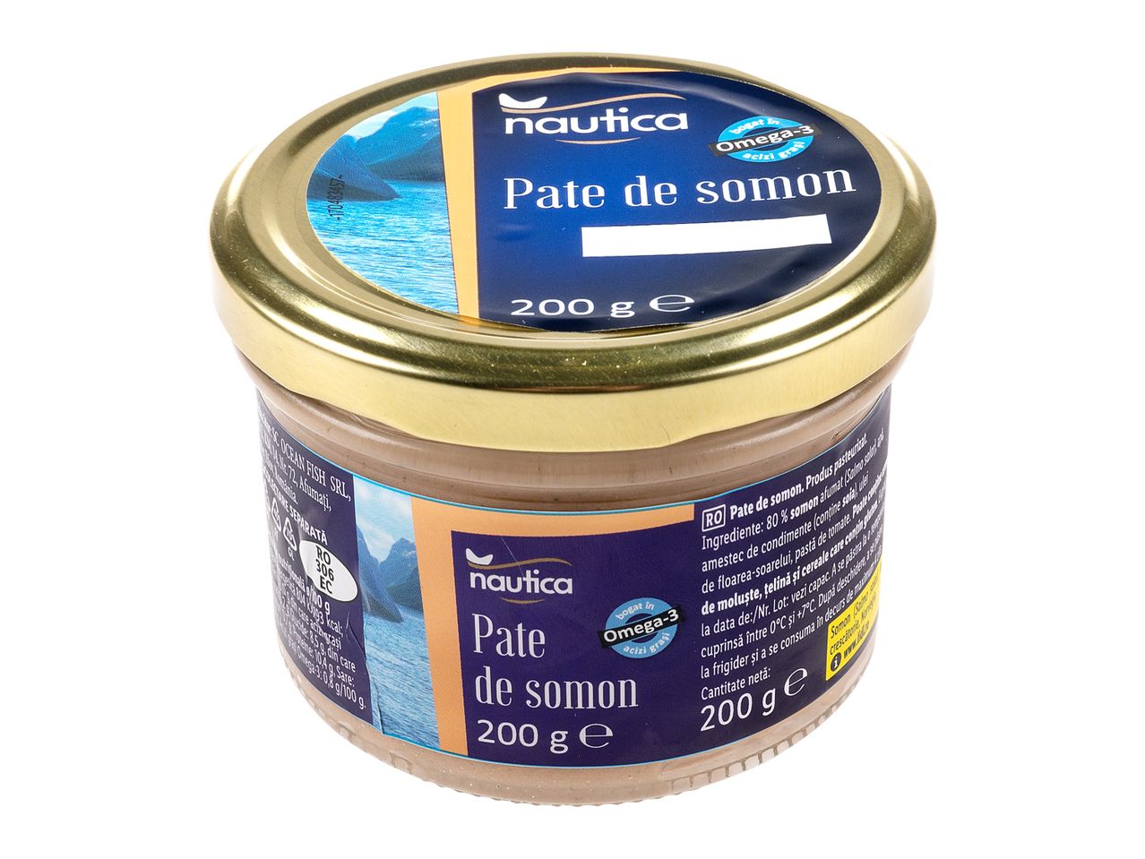 Borcan de pate de somon Nautica, 200g, cu etichetă albastră și aurie.