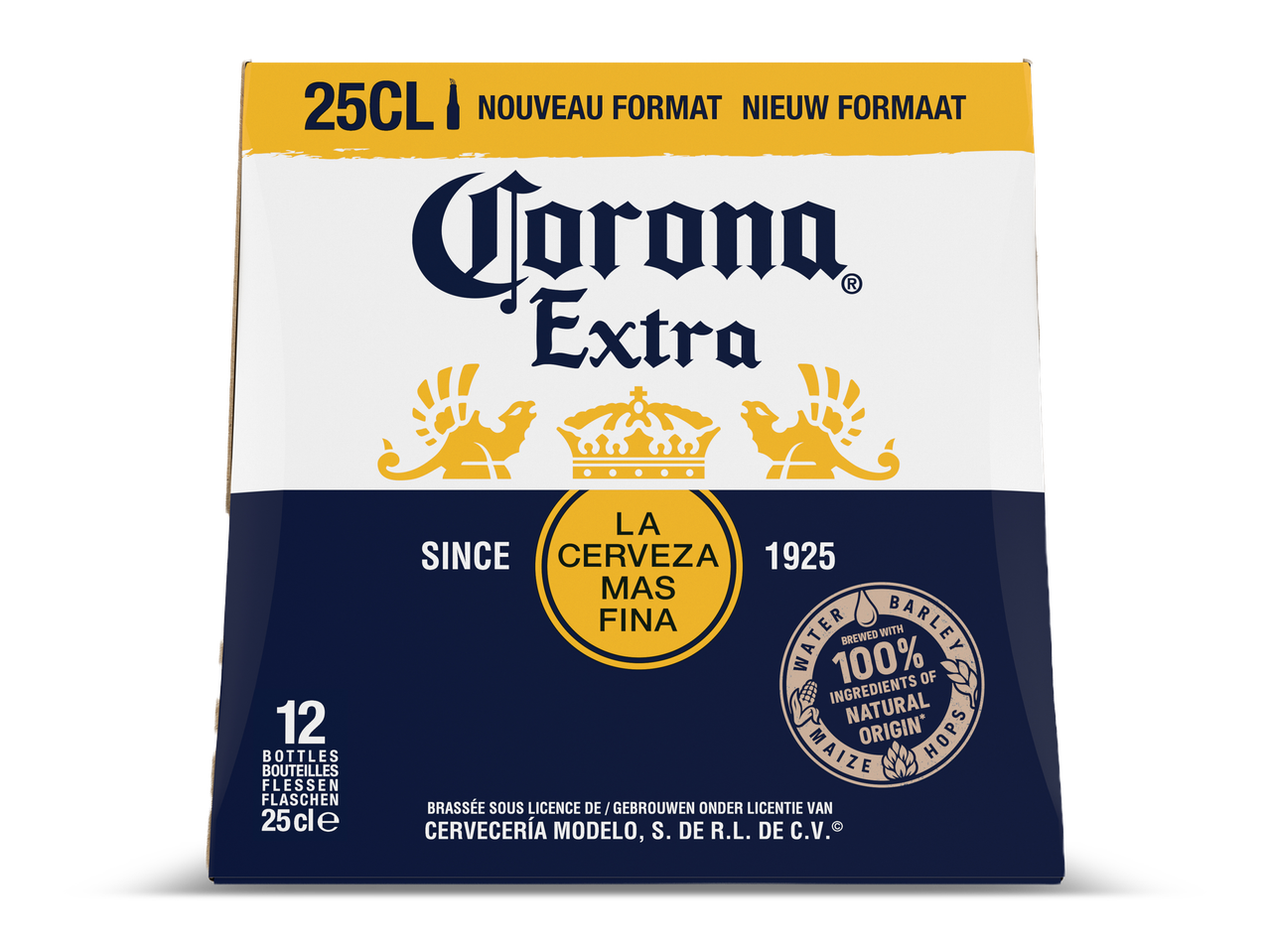 Doos met 12 flessen bier van 25 cl, met de tekst 'Nieuw Formaat' en '100% natuurlijke ingrediënten'.