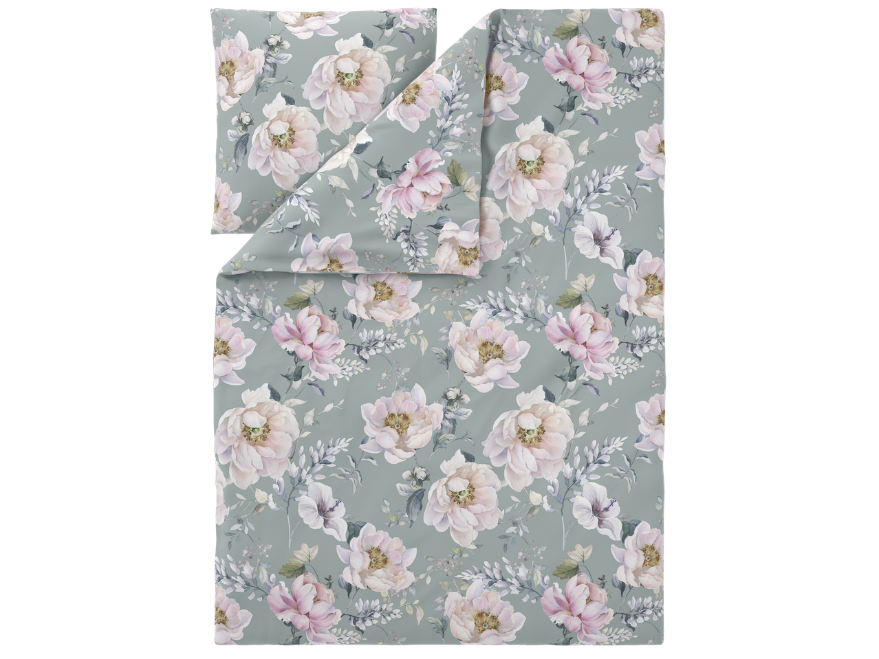 Livarno Renforcé-Bettwäsche mit hellem Blumenmuster auf graugrünem Hintergrund.