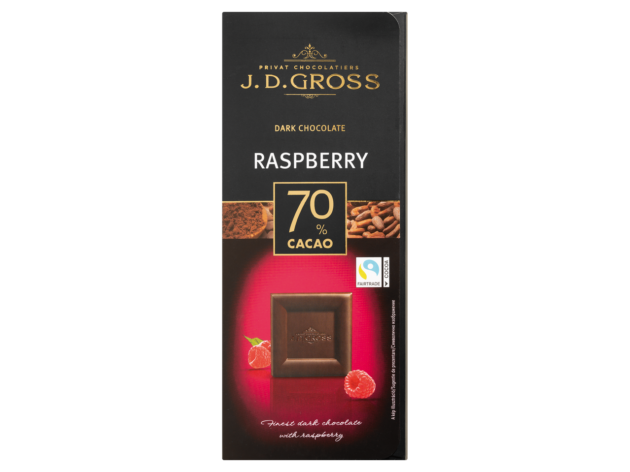 Sötét csokoládé málnával, 70% kakaótartalommal, Fairtrade minősítéssel.