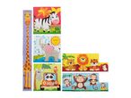 Wooden puzzle blocks featuring various safari animals like a giraffe, zebra, elephant, and monkeys.