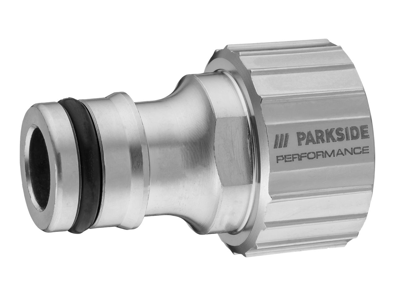 Silver metal garden hose connector with a black rubber ring.