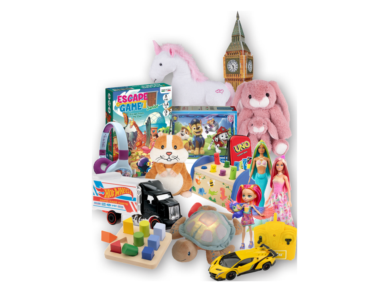 Mänguasjad: ükssarvik, jänes, lauamäng Escape Game Junior, Hot Wheels veoauto, nukud, UNO