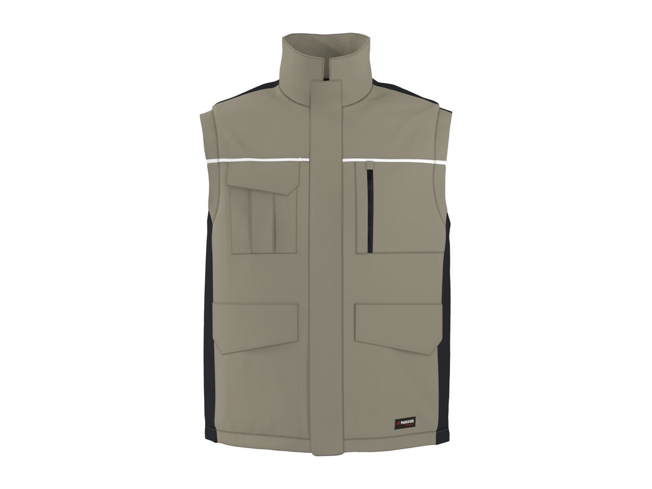 Men's work vest in beige with black side panels and reflective stripes.