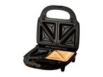 Open sandwich maker with a toasted sandwich inside, on a white background.