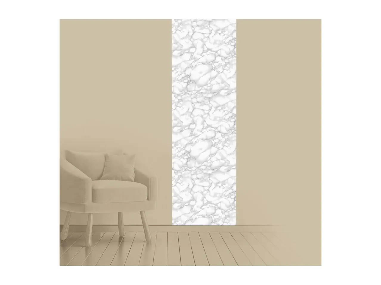 Beige armchair with a cushion next to a wall with a vertical marble pattern.