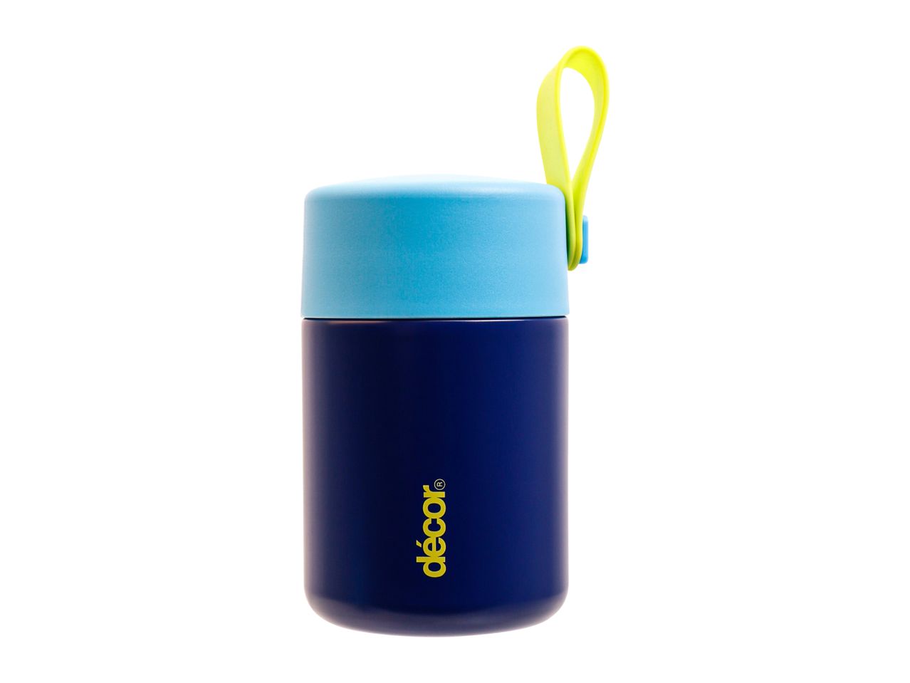 Blue and light blue food flask with a bright yellow carrying loop.