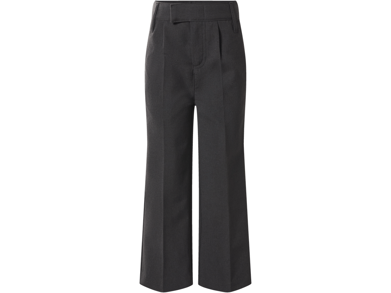 Dark grey kids' trousers with a pleated front and belt loops.
