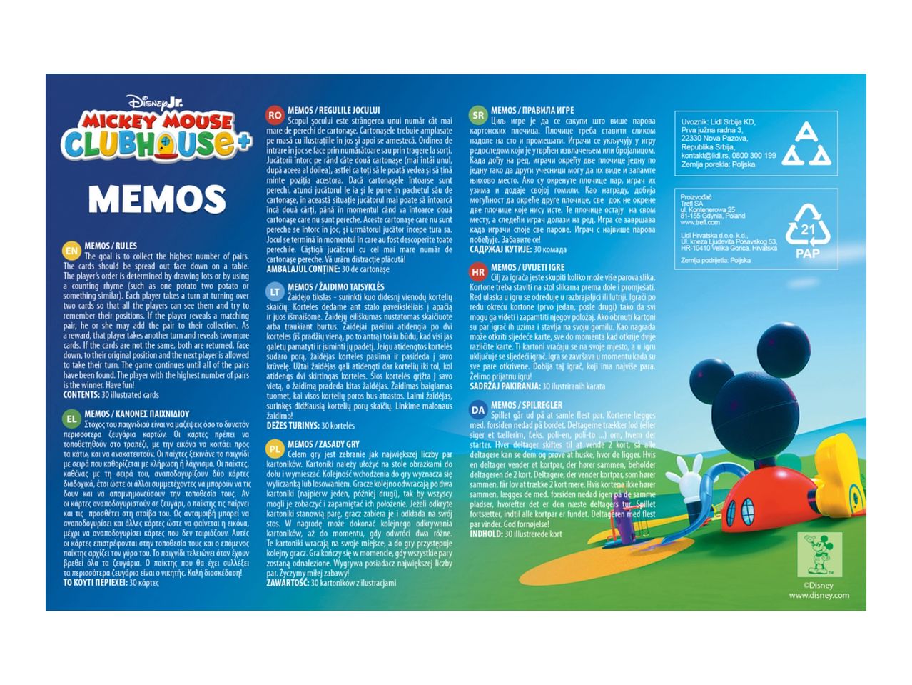 Mickey Mouse Clubhouse Memos game with rules in multiple languages and product information.