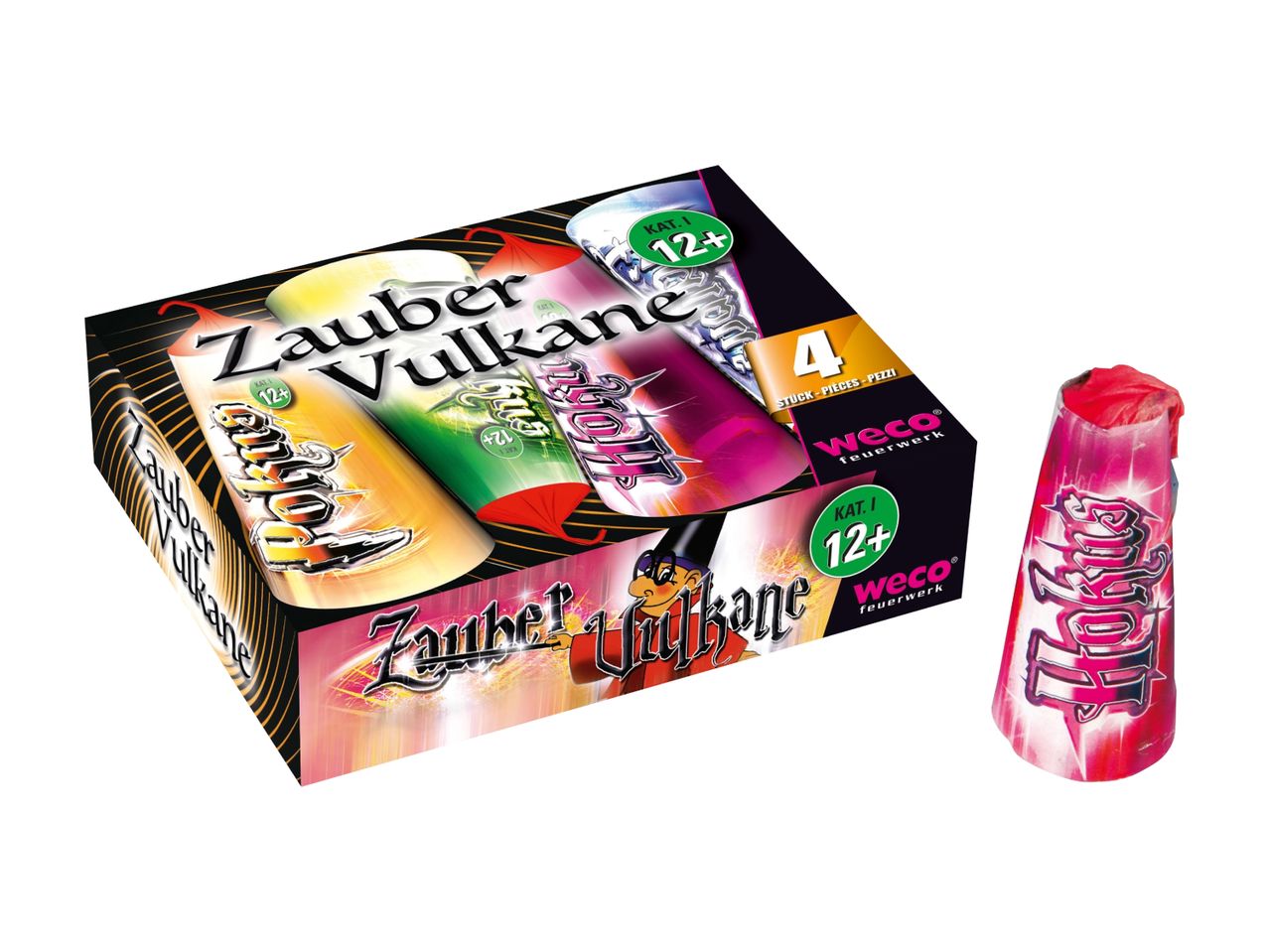 Packung mit 4 Zauber Vulkane, farbige konische Feuerwerkskörper.