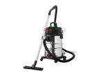 A stainless steel canister vacuum cleaner with a long hose and floor nozzle.
