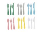 Colorful plastic cutlery sets in green, grey, blue, pink, yellow, and white.