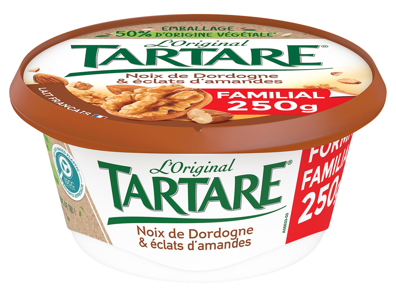 Fromage frais aux noix et amandes, emballage d'origine végétale, format familial 250g.