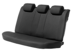 Set of black car seat covers with three headrests.