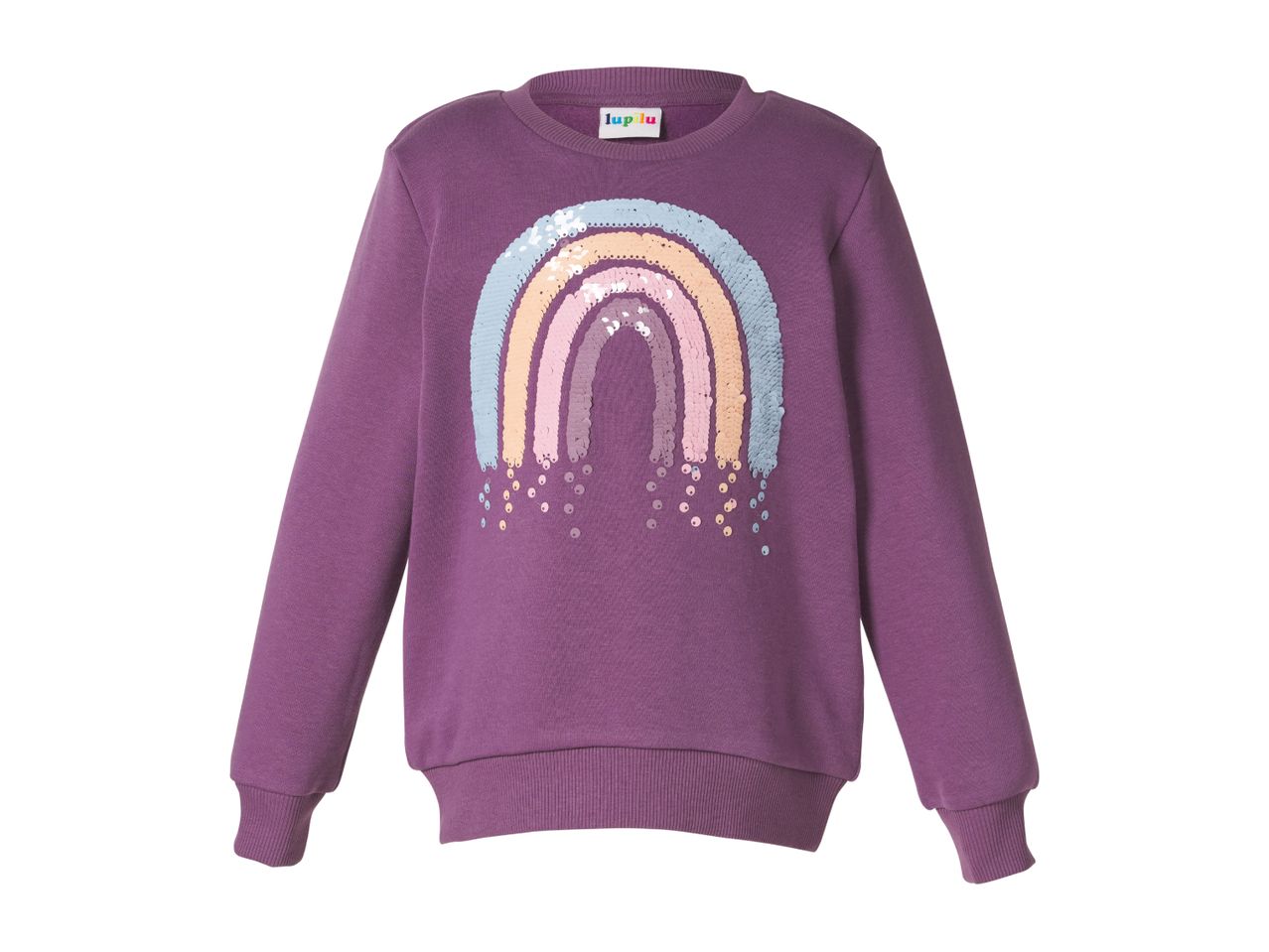 Purple long-sleeved sweatshirt with a sequined rainbow design on the front.