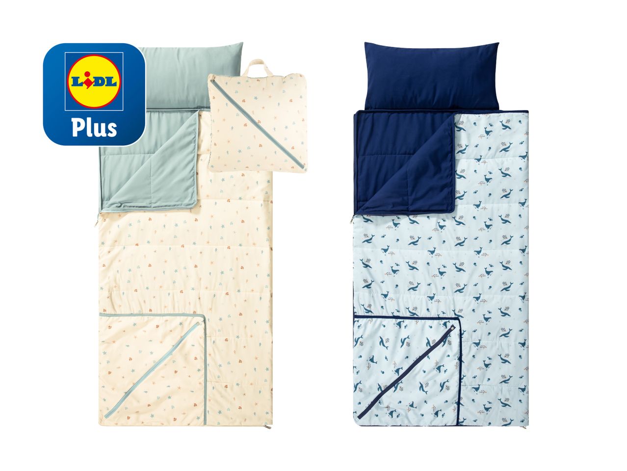 Deux sacs de couchage Lidl Plus pour enfants, un beige et un bleu clair à motifs.