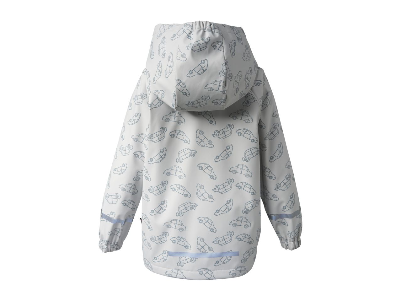 Kids' light grey rain jacket with a playful car pattern and reflective strips, back view.