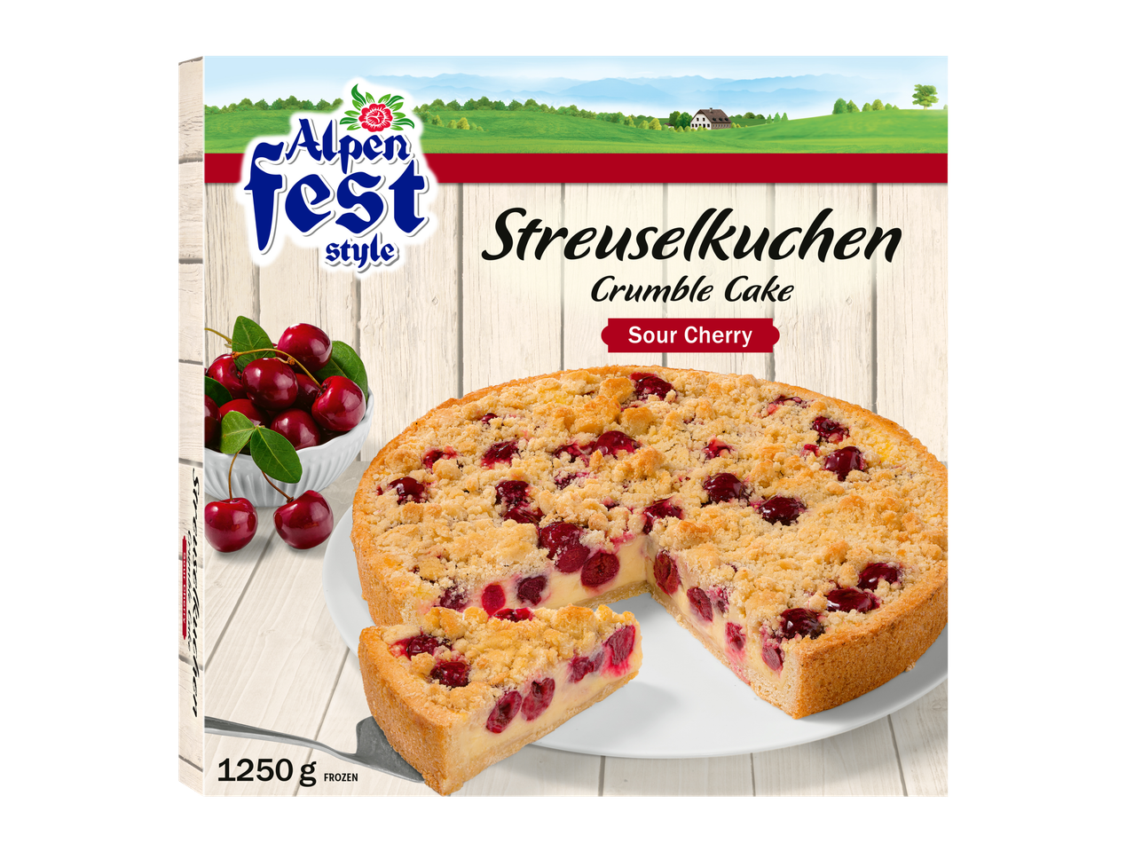 Alpenfest Streuselkuchen (Crumble Cake) with sour cherry, 1250g frozen.