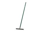 Green garden rake with a black head and handle, angled on a white background.