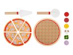 Wooden toy pizza set with slices, toppings, pizza board, and serving utensils.