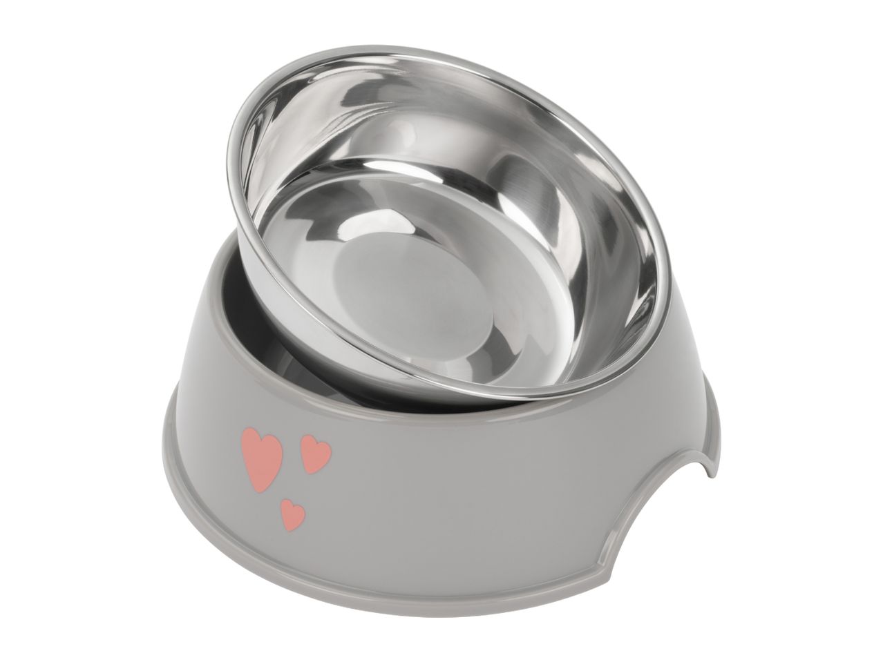 Grey plastic pet bowl with pink hearts and a removable stainless steel insert