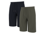 Dvoje muških kratkih hlača za slobodno vrijeme, jedne tamnoplave i jedne maslinastozelene.