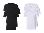 Seks ensfarvede T-shirts, tre sorte og tre hvide, arrangeret i to grupper.