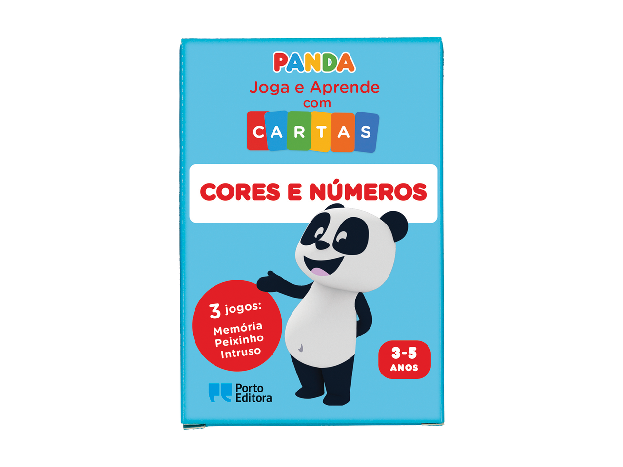 Panda Joga e Aprende com Cartas: Cores e Números, um jogo de cartas para 3-5 anos da Porto Editora.