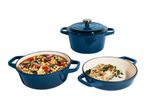 Three blue cast iron pots, two with food: chickpea stew and roasted cauliflower.