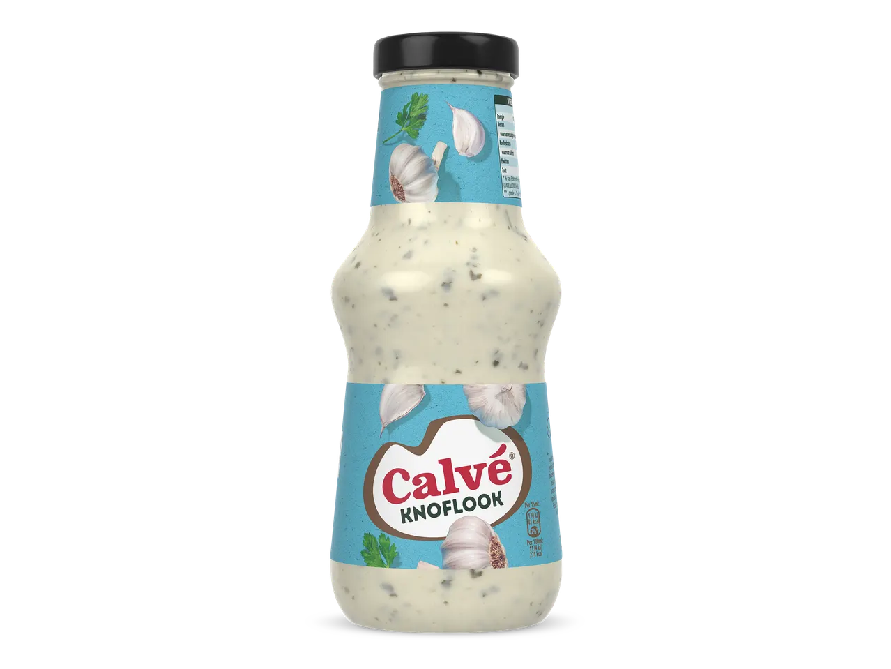 Fles knoflooksaus met een blauw etiket met knoflookteentjes en peterselie, en voedingsinformatie.