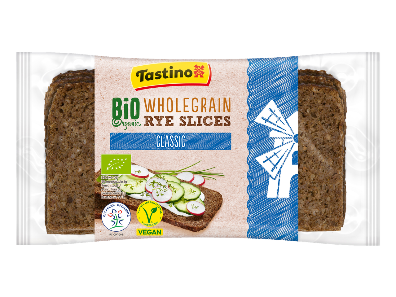 Tastino bio teljes kiőrlésű rozskenyérszeletek: klasszikus, vegán.