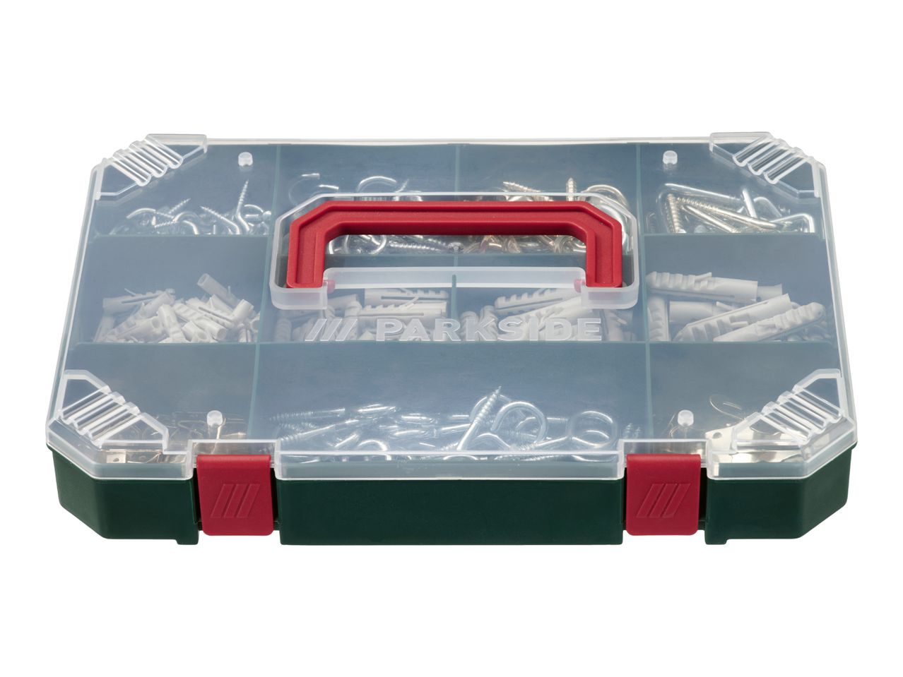 Organizer box with screws, hooks, and wall plugs, featuring a red handle.