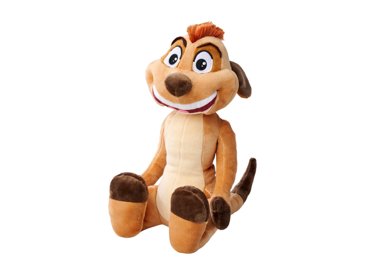 A plush toy of a meerkat character with a wide smile, brown fur, and an orange tuft of hair.