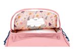 Pink backpack with an open main compartment, revealing a whimsical forest pattern and a 'Name' tag.