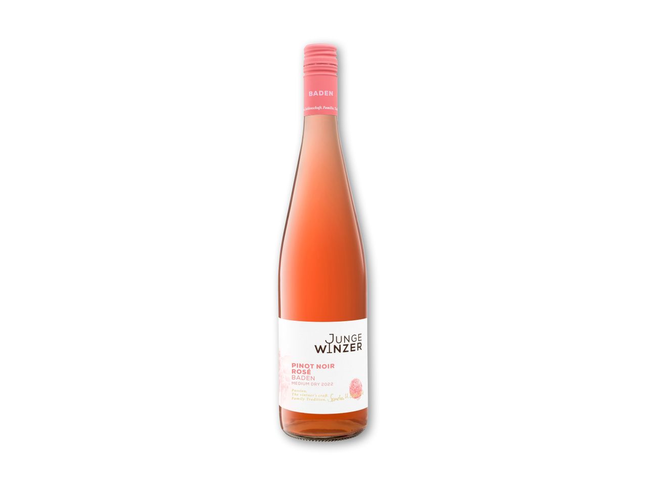 Rosévinflaske med lyserød etiket, der angiver Pinot Noir Rosé Baden, medium tør 2022.