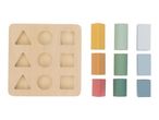 Wooden shape sorter with three shapes and nine colorful blocks.