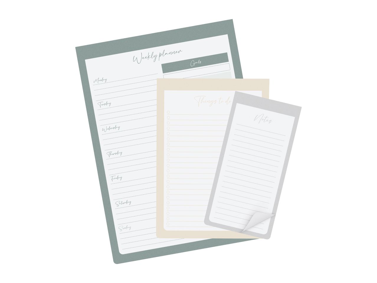 Weekly planner, to-do list, and notes pad in muted green, beige, and grey.