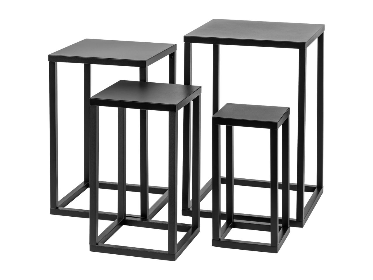 Four black metal nesting tables of varying heights and sizes
