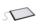 Black LED light pad with a white illuminated surface and a power cord.