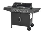 Black gas grill with 5 burners and cabinet.