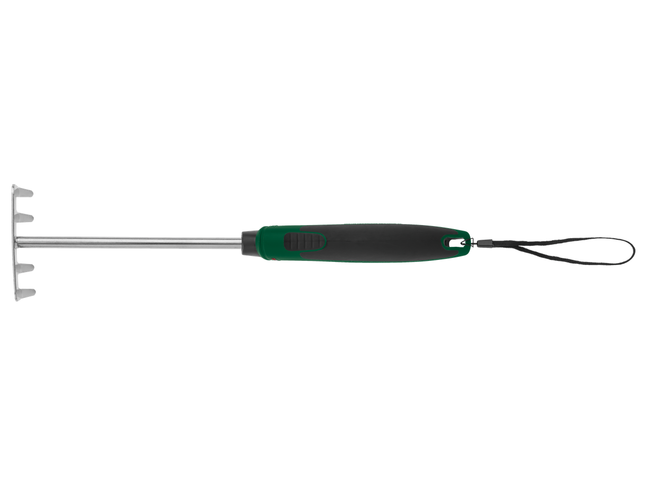 Ancinho de mão pequeno Parkside® com cabo verde e cordão preto.