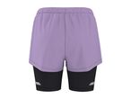 Purple running shorts with black compression shorts underneath, featuring reflective accents.