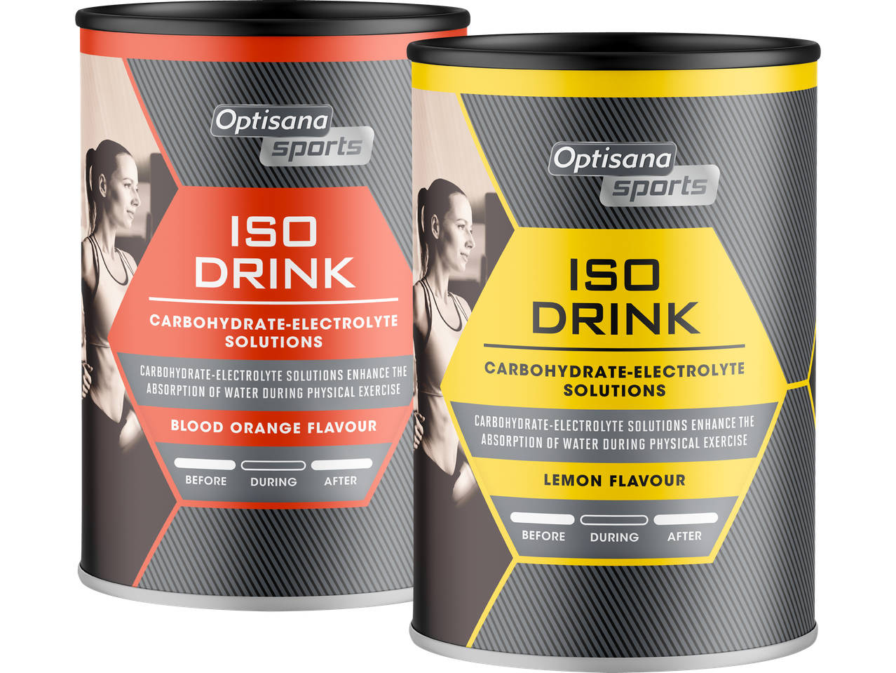Två burkar Optisana Sports ISO Drink, en med blodapelsinsmak och en med citronsmak.