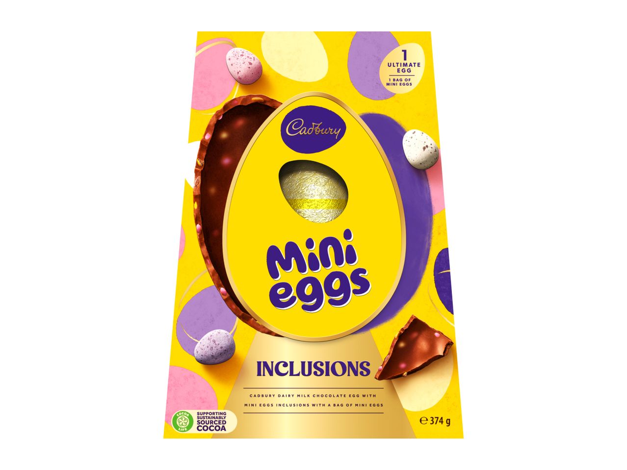 Easter egg with mini eggs inclusions and a bag of mini eggs, 374g.