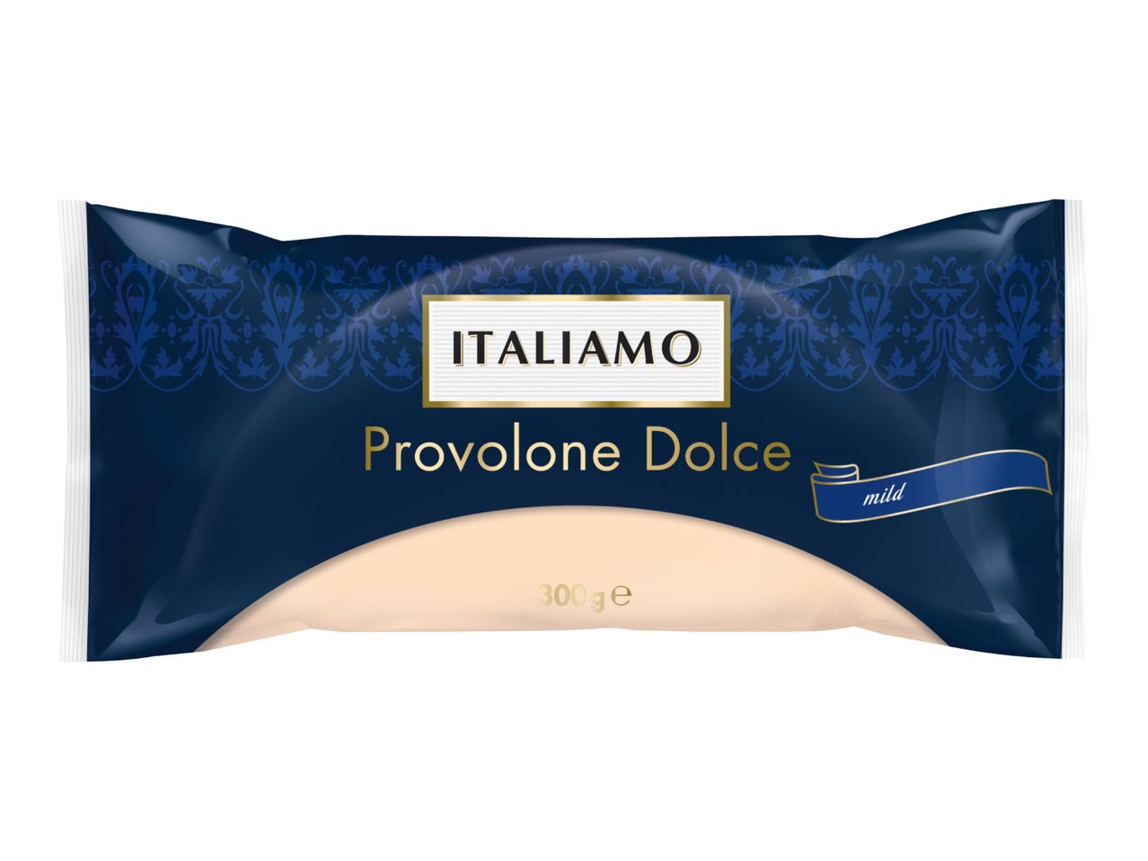 Provolone Dolce mild cheese in a dark blue package with a decorative pattern, 300g